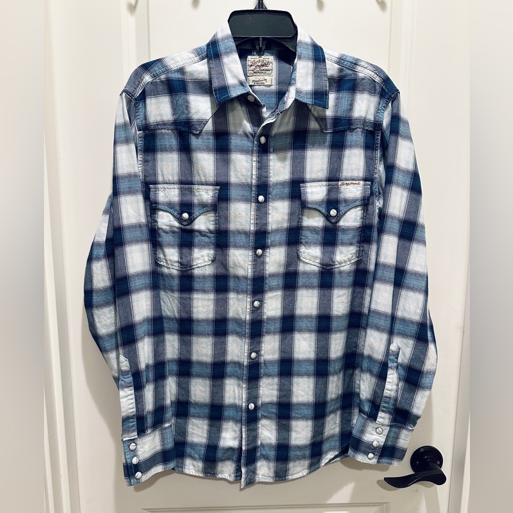 Lucky Brand Men’s Blue Plaid Western Style Pearl Snap Shirt Size M